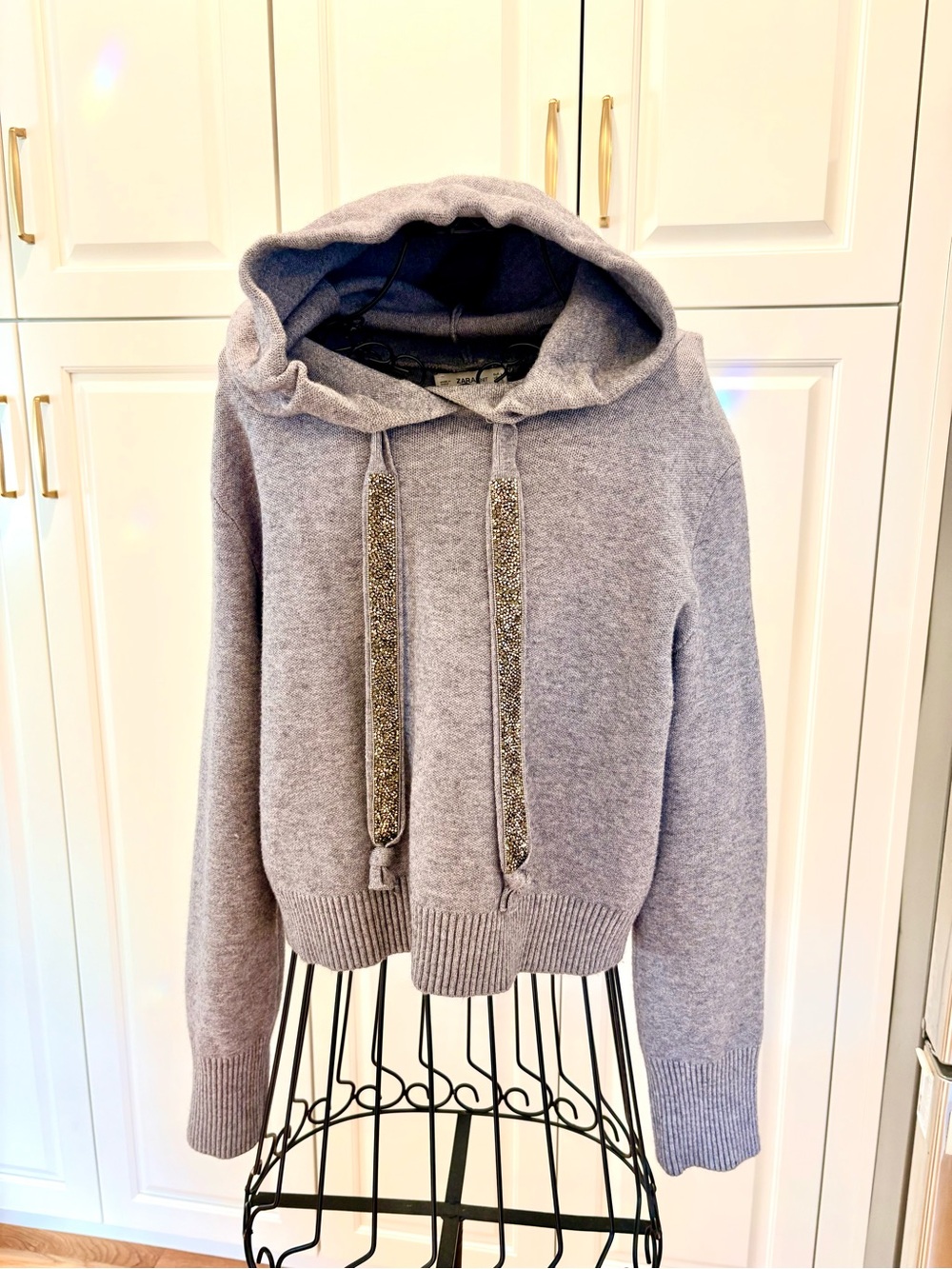Zara Cozy Gray Hooded Knit Sweatshirt with Sparkle Drawstrings size L